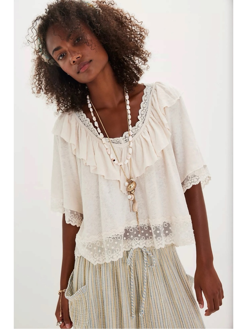 Free People Dainty Ethereal Cottage Ruffle Lace Lulu Knit Top Neutral XS NWT
